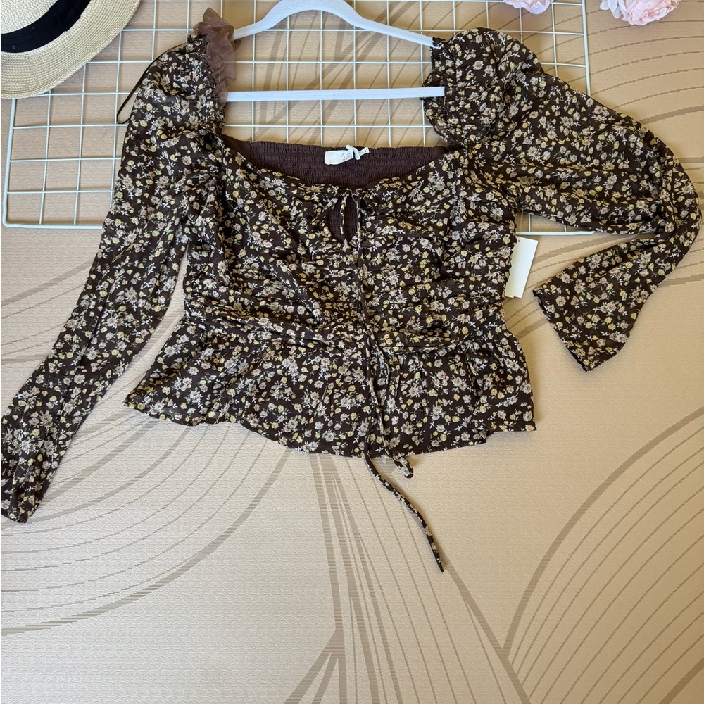 Astr Brown Floral Peplum Long-Sleeve Blouse